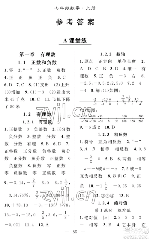 长江少年儿童出版社2022智慧课堂创新作业七年级上册数学人教版参考答案