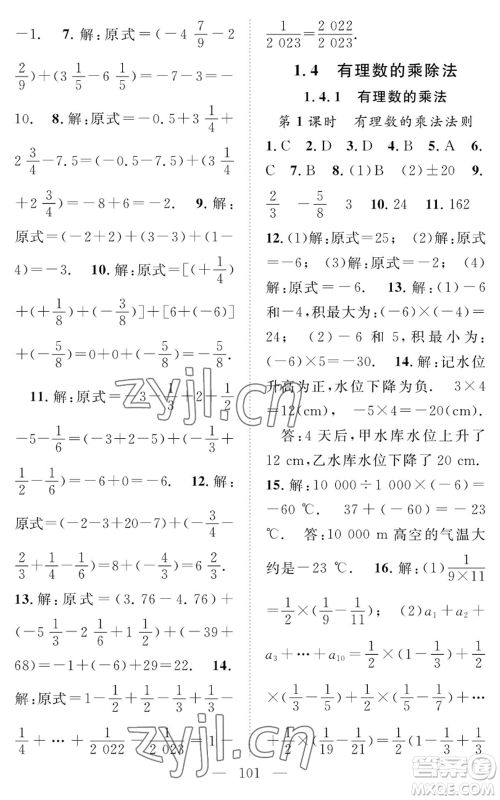 长江少年儿童出版社2022智慧课堂创新作业七年级上册数学人教版参考答案