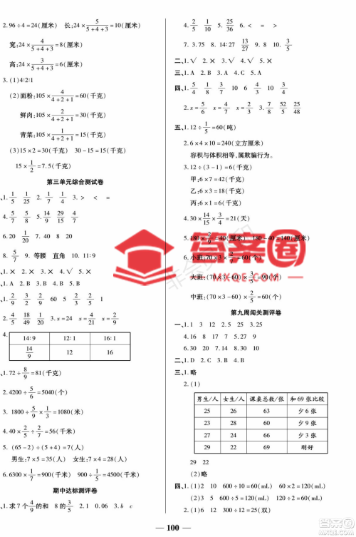 天津科学技术出版社2022状元大考卷数学六年级上册苏教版参考答案