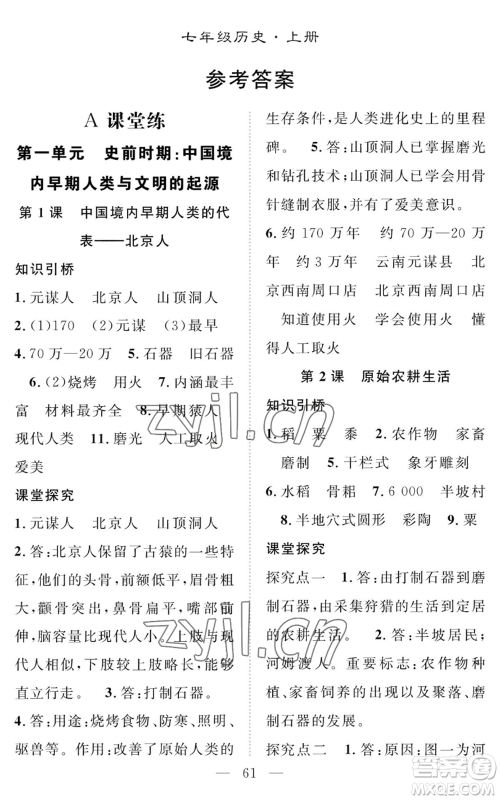长江少年儿童出版社2022智慧课堂创新作业七年级上册历史人教版参考答案