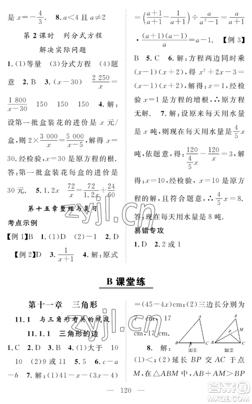 长江少年儿童出版社2022智慧课堂创新作业八年级上册数学人教版参考答案