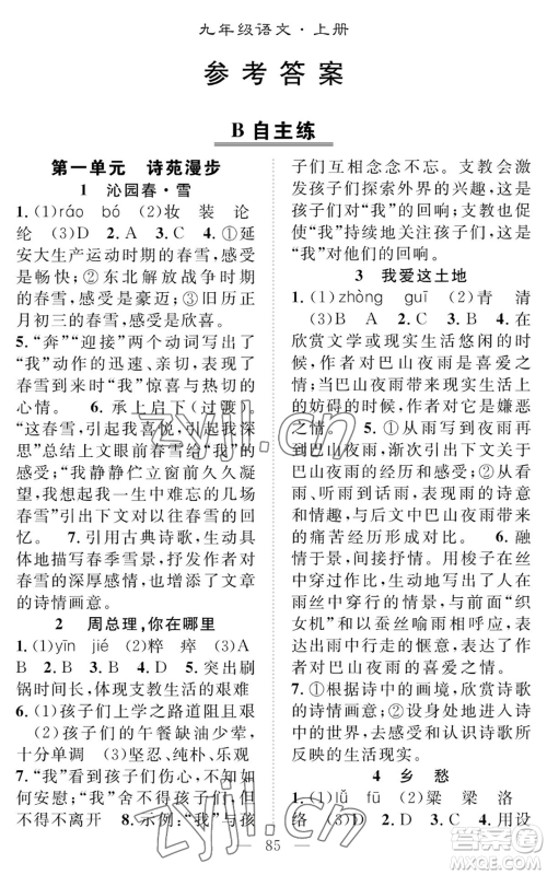 长江少年儿童出版社2022智慧课堂创新作业九年级上册语文人教版参考答案