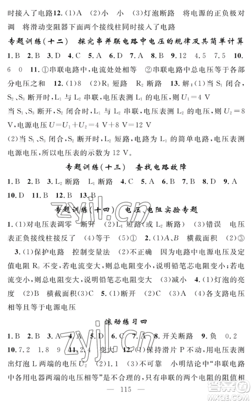 长江少年儿童出版社2022智慧课堂创新作业九年级上册物理人教版参考答案
