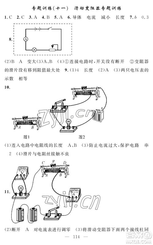 长江少年儿童出版社2022智慧课堂创新作业九年级上册物理人教版参考答案