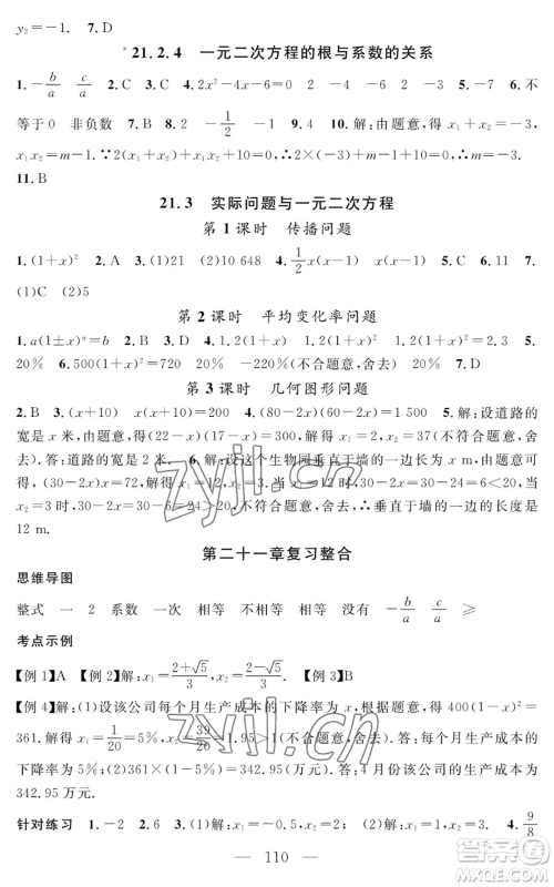 长江少年儿童出版社2022智慧课堂创新作业九年级上册数学人教版参考答案