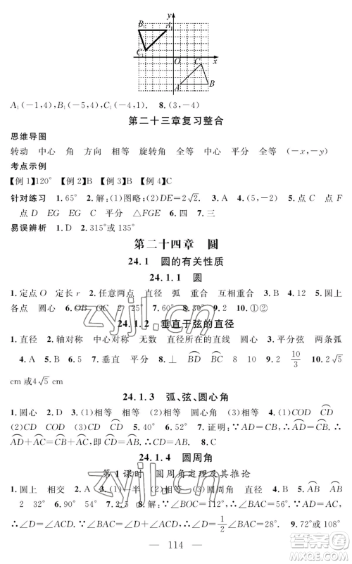 长江少年儿童出版社2022智慧课堂创新作业九年级上册数学人教版参考答案