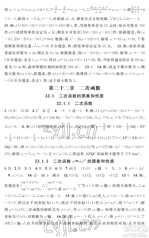 长江少年儿童出版社2022智慧课堂创新作业九年级上册数学人教版参考答案