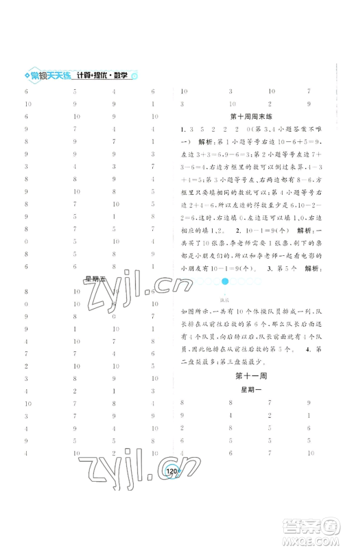 开明出版社2022常规天天练计算+提优一年级上册数学苏教版参考答案