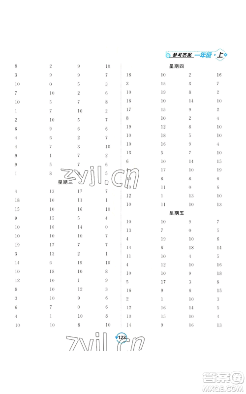 开明出版社2022常规天天练计算+提优一年级上册数学苏教版参考答案