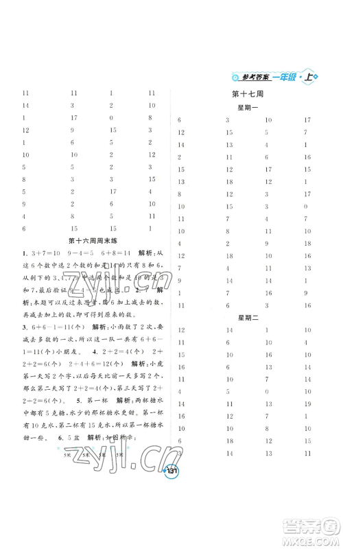 开明出版社2022常规天天练计算+提优一年级上册数学苏教版参考答案