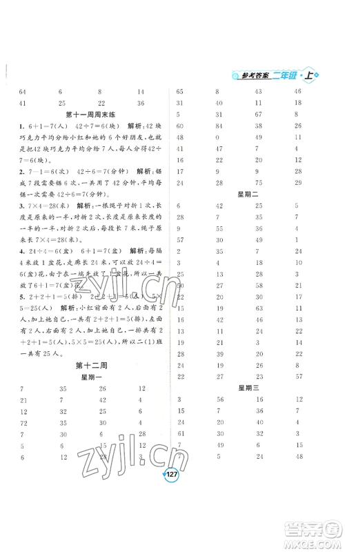 开明出版社2022常规天天练计算+提优二年级上册数学苏教版参考答案