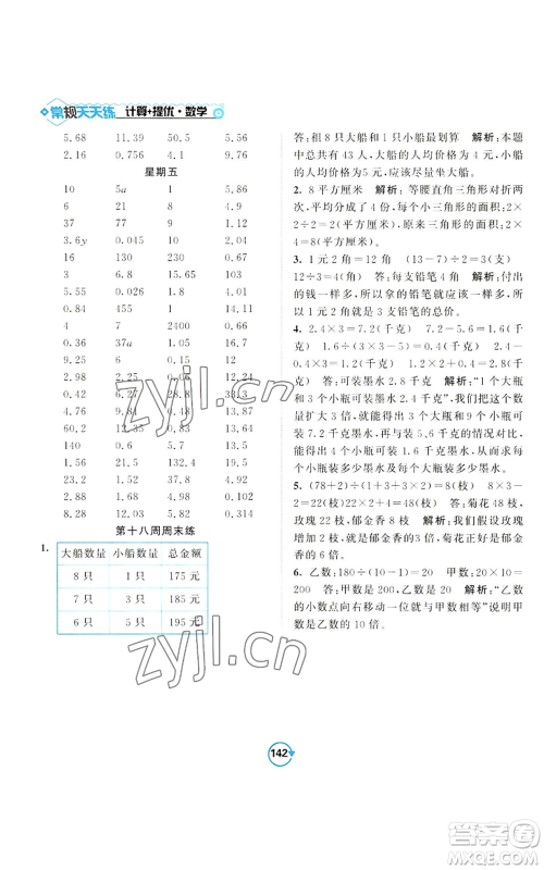 开明出版社2022常规天天练计算+提优五年级上册数学苏教版参考答案