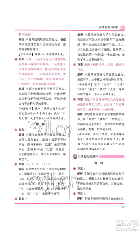 鹭江出版社2022木头马阅读力测评三年级语文人教版A版福建专版参考答案