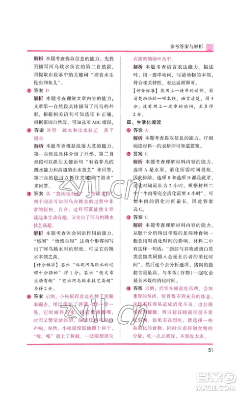 鹭江出版社2022木头马阅读力测评三年级语文人教版A版福建专版参考答案