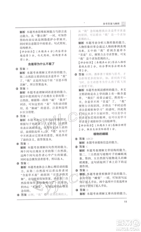 鹭江出版社2022木头马阅读力测评三年级语文人教版B版福建专版参考答案