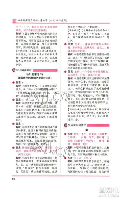 江苏凤凰文艺出版社2022木头马阅读力测评三年级语文人教版浙江专版参考答案