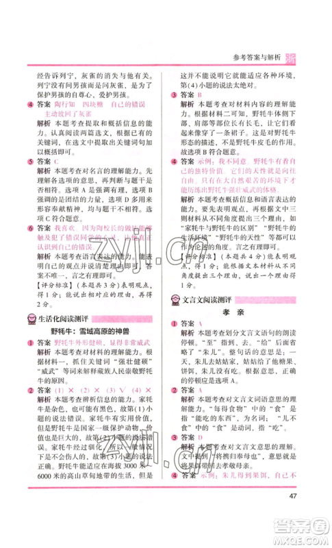 江苏凤凰文艺出版社2022木头马阅读力测评三年级语文人教版浙江专版参考答案