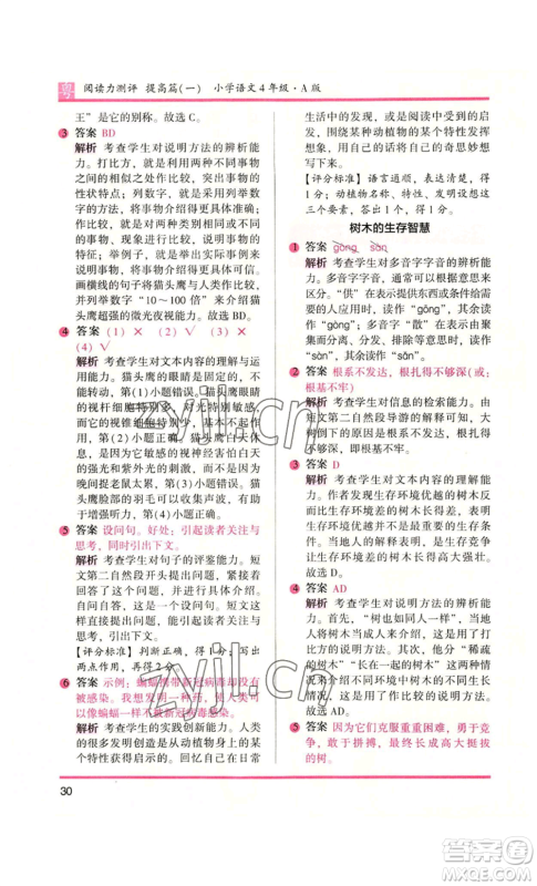 江苏凤凰文艺出版社2022木头马阅读力测评四年级语文人教版A版广东专版参考答案 江苏凤凰文艺出版社2022木头马阅读力测评四年级语文人教版A版广东专版参考答案