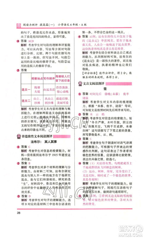 江苏凤凰文艺出版社2022木头马阅读力测评四年级语文人教版A版广东专版参考答案 江苏凤凰文艺出版社2022木头马阅读力测评四年级语文人教版A版广东专版参考答案