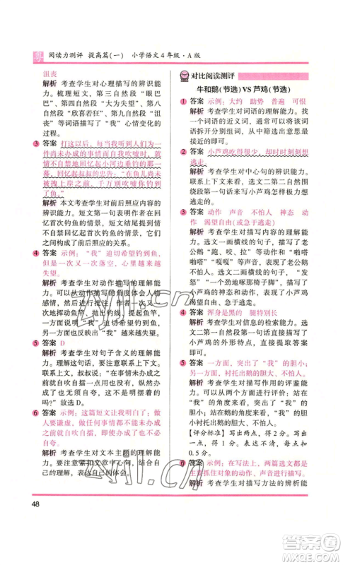 江苏凤凰文艺出版社2022木头马阅读力测评四年级语文人教版A版广东专版参考答案 江苏凤凰文艺出版社2022木头马阅读力测评四年级语文人教版A版广东专版参考答案