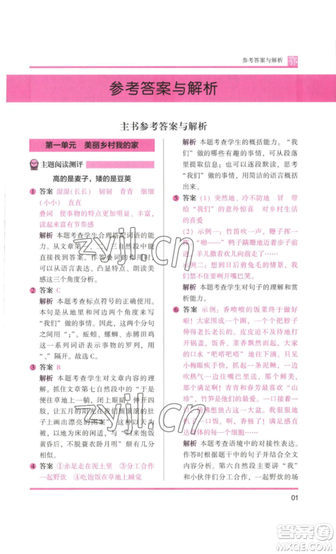 江苏凤凰美术出版社2022木头马阅读力测评四年级语文人教版B版大武汉专版参考答案