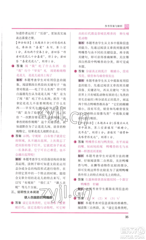 江苏凤凰美术出版社2022木头马阅读力测评四年级语文人教版B版大武汉专版参考答案