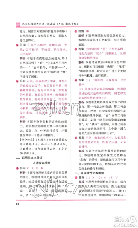 江苏凤凰文艺出版社2022木头马阅读力测评四年级语文人教版浙江专版参考答案 江苏凤凰文艺出版社2022木头马阅读力测评四年级语文人教版浙江专版参考答案