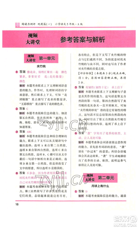 江苏凤凰文艺出版社2022木头马阅读力测评五年级语文人教版A本广东专版参考答案