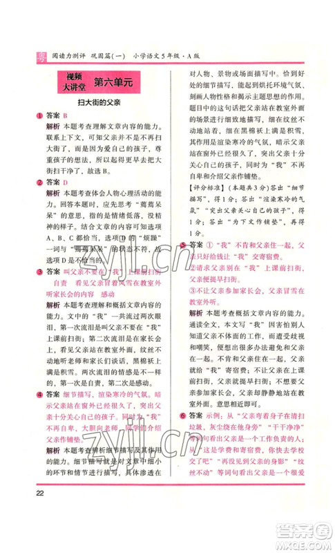 江苏凤凰文艺出版社2022木头马阅读力测评五年级语文人教版A本广东专版参考答案