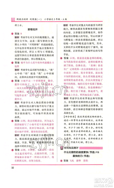 江苏凤凰文艺出版社2022木头马阅读力测评五年级语文人教版A本广东专版参考答案