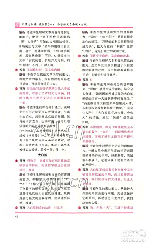 江苏凤凰文艺出版社2022木头马阅读力测评五年级语文人教版A本广东专版参考答案