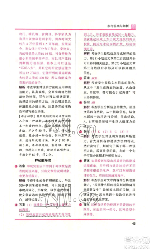 江苏凤凰文艺出版社2022木头马阅读力测评五年级语文人教版A本广东专版参考答案