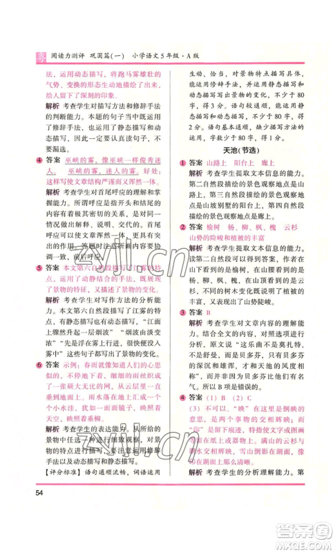 江苏凤凰文艺出版社2022木头马阅读力测评五年级语文人教版A本广东专版参考答案