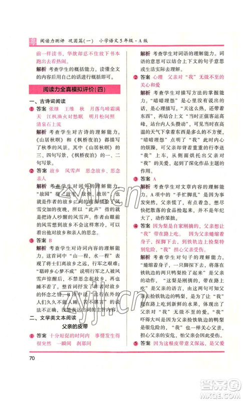 江苏凤凰文艺出版社2022木头马阅读力测评五年级语文人教版A本广东专版参考答案