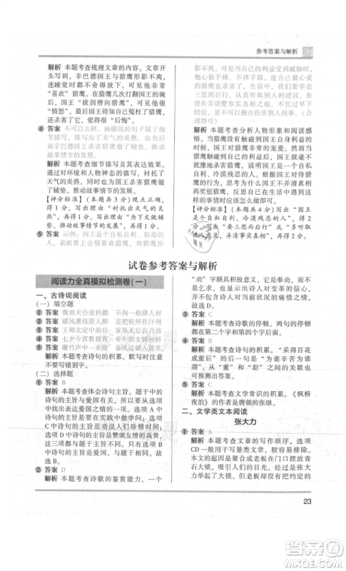 江苏凤凰文艺出版社2022木头马阅读力测评五年级语文人教版A版湖南专版参考答案