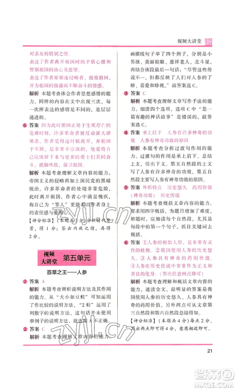 江苏凤凰文艺出版社2022木头马阅读力测评五年级语文人教版A本浙江专版参考答案 江苏凤凰文艺出版社2022木头马阅读力测评五年级语文人教版A本浙江专版参考答案
