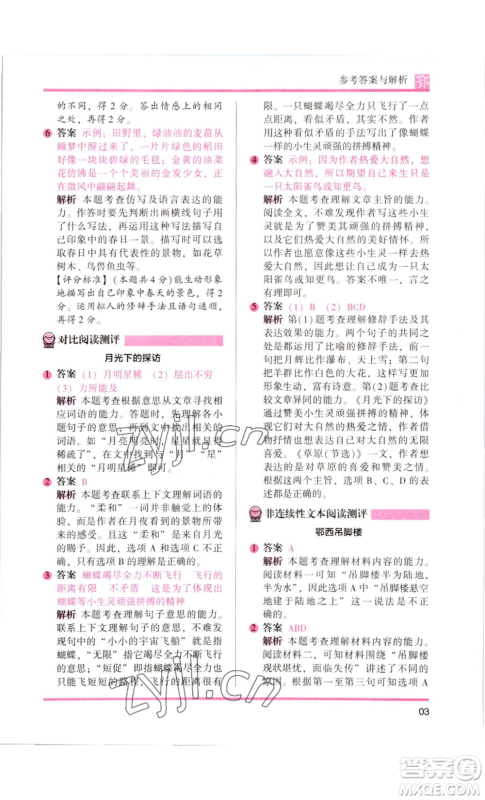江苏凤凰美术出版社2022木头马阅读力测评六年级语文人教版B版大武汉专版参考答案