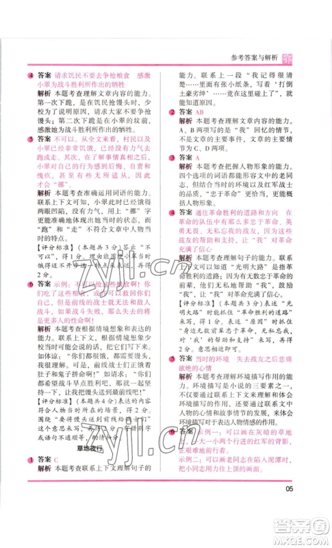 江苏凤凰美术出版社2022木头马阅读力测评六年级语文人教版B版大武汉专版参考答案