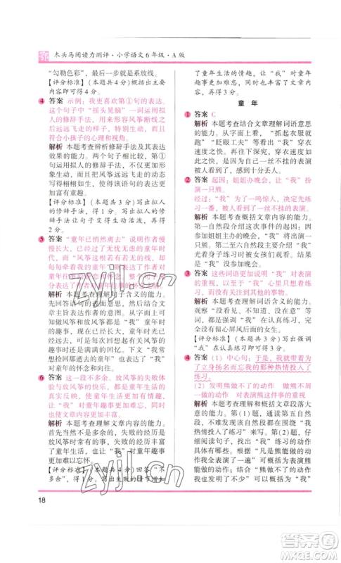 江苏凤凰美术出版社2022木头马阅读力测评六年级语文人教版B版大武汉专版参考答案