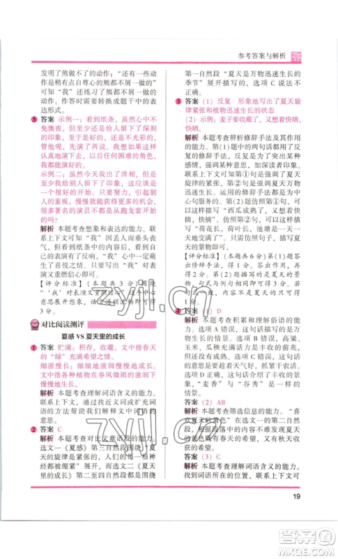 江苏凤凰美术出版社2022木头马阅读力测评六年级语文人教版B版大武汉专版参考答案
