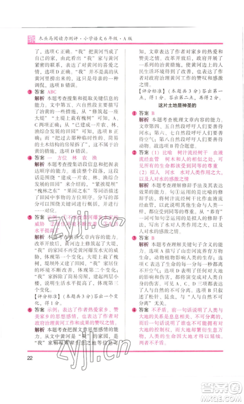 江苏凤凰美术出版社2022木头马阅读力测评六年级语文人教版B版大武汉专版参考答案
