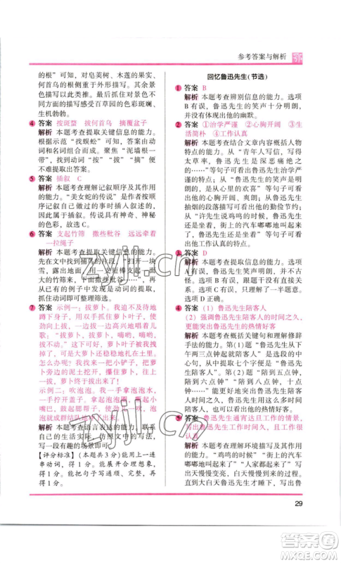 江苏凤凰美术出版社2022木头马阅读力测评六年级语文人教版B版大武汉专版参考答案