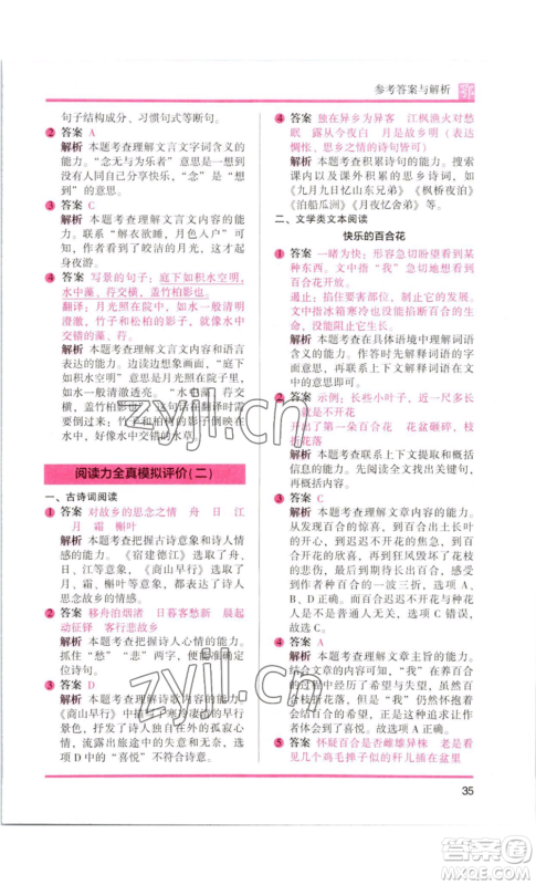 江苏凤凰美术出版社2022木头马阅读力测评六年级语文人教版B版大武汉专版参考答案