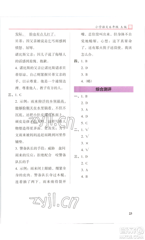江苏凤凰美术出版社2022木头马阅读力测评六年级语文人教版B版大武汉专版参考答案