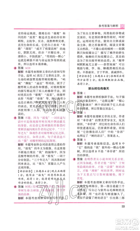 鹭江出版社2022木头马阅读力测评六年级语文人教版A版福建专版参考答案