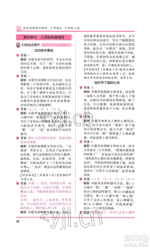 鹭江出版社2022木头马阅读力测评六年级语文人教版A版福建专版参考答案