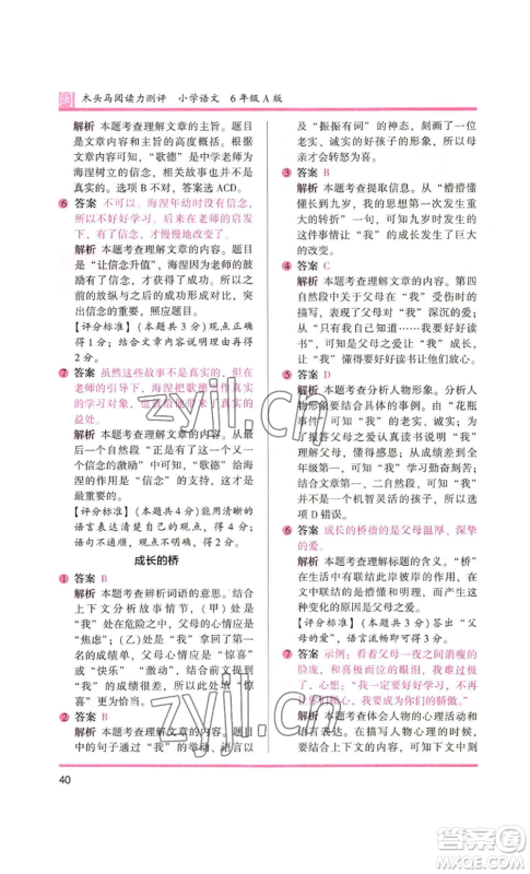 鹭江出版社2022木头马阅读力测评六年级语文人教版A版福建专版参考答案
