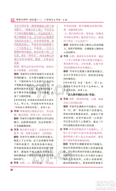 江苏凤凰文艺出版社2022木头马阅读力测评六年级语文人教版A本广东专版参考答案 江苏凤凰文艺出版社2022木头马阅读力测评六年级语文人教版A本广东专版参考答案