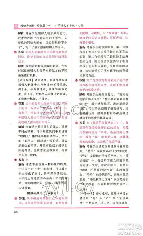 江苏凤凰文艺出版社2022木头马阅读力测评六年级语文人教版A本广东专版参考答案 江苏凤凰文艺出版社2022木头马阅读力测评六年级语文人教版A本广东专版参考答案