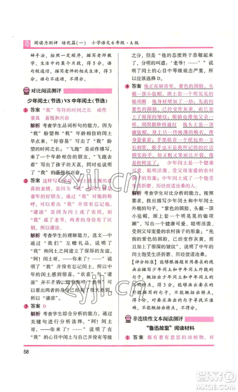 江苏凤凰文艺出版社2022木头马阅读力测评六年级语文人教版A本广东专版参考答案 江苏凤凰文艺出版社2022木头马阅读力测评六年级语文人教版A本广东专版参考答案
